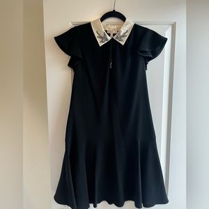 Kate Spade Bird-Embellished Collar Crepe A-Line Mini Dress